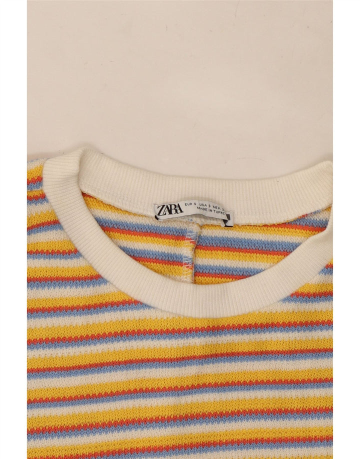 ZARA Γυναικείο Knit Crop Top UK 8 Small Yellow ριγέ