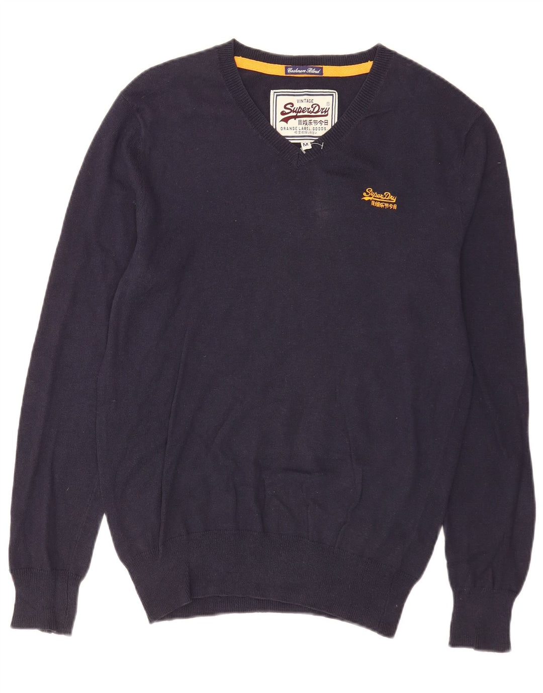 Superdry Ανδρικό πουλόβερ με λαιμόκοψη με V λαιμόκοψη, μεσαίο μπλε βαμβακερό