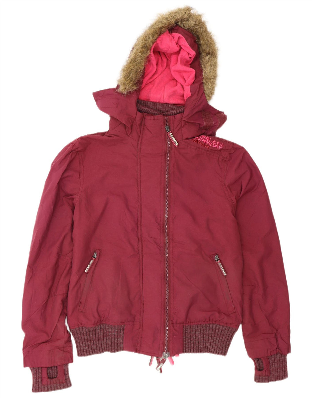 Superdry γυναικείο μπουφάν μπουφάν με κουκούλα UK 14 Medium Burgundy Polyester