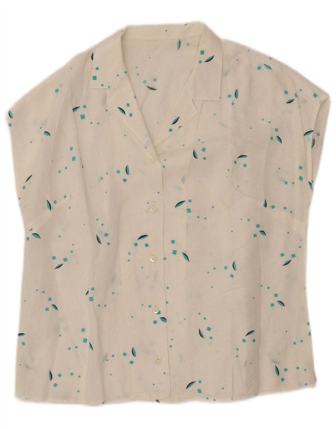 VINTAGE Γυναικείο Αμάνικο Πουκάμισο Μπλούζα UK 12 Μεσαίο Λευκό Γεωμετρικό