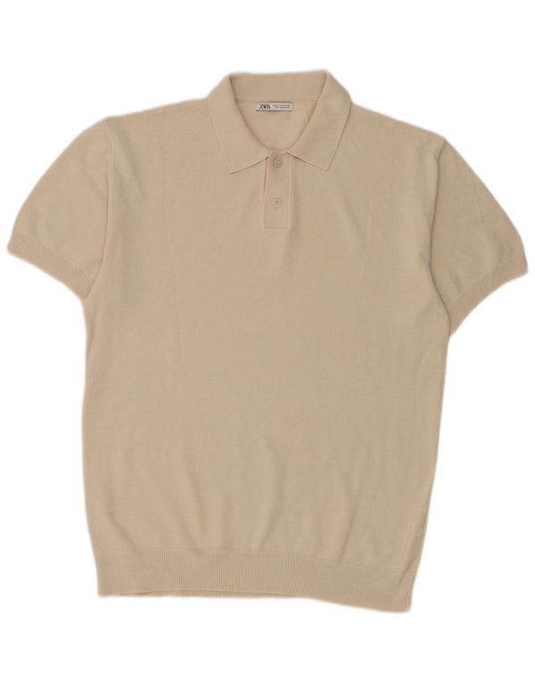 Zara Ανδρικό πουλόβερ με κοντό μανίκι Polo λαιμόκοψη, μεσαίο βαμβακερό μπεζ