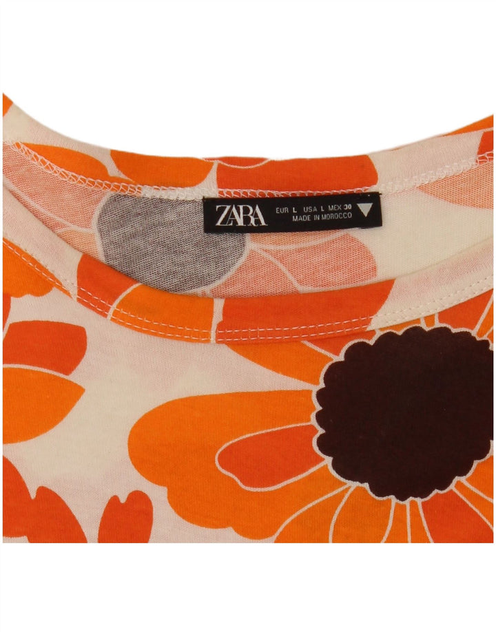 Γυναικείο T-Shirt ZARA Top UK 16 Μεγάλο Πορτοκαλί Floral
