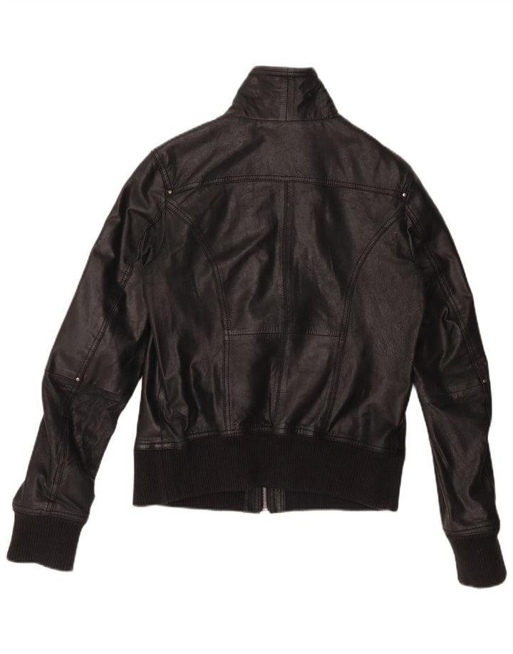 BERSHKA Γυναικείο Crop Δερμάτινο Μπουφάν UK 14 Large Μαύρο Δερμάτινο