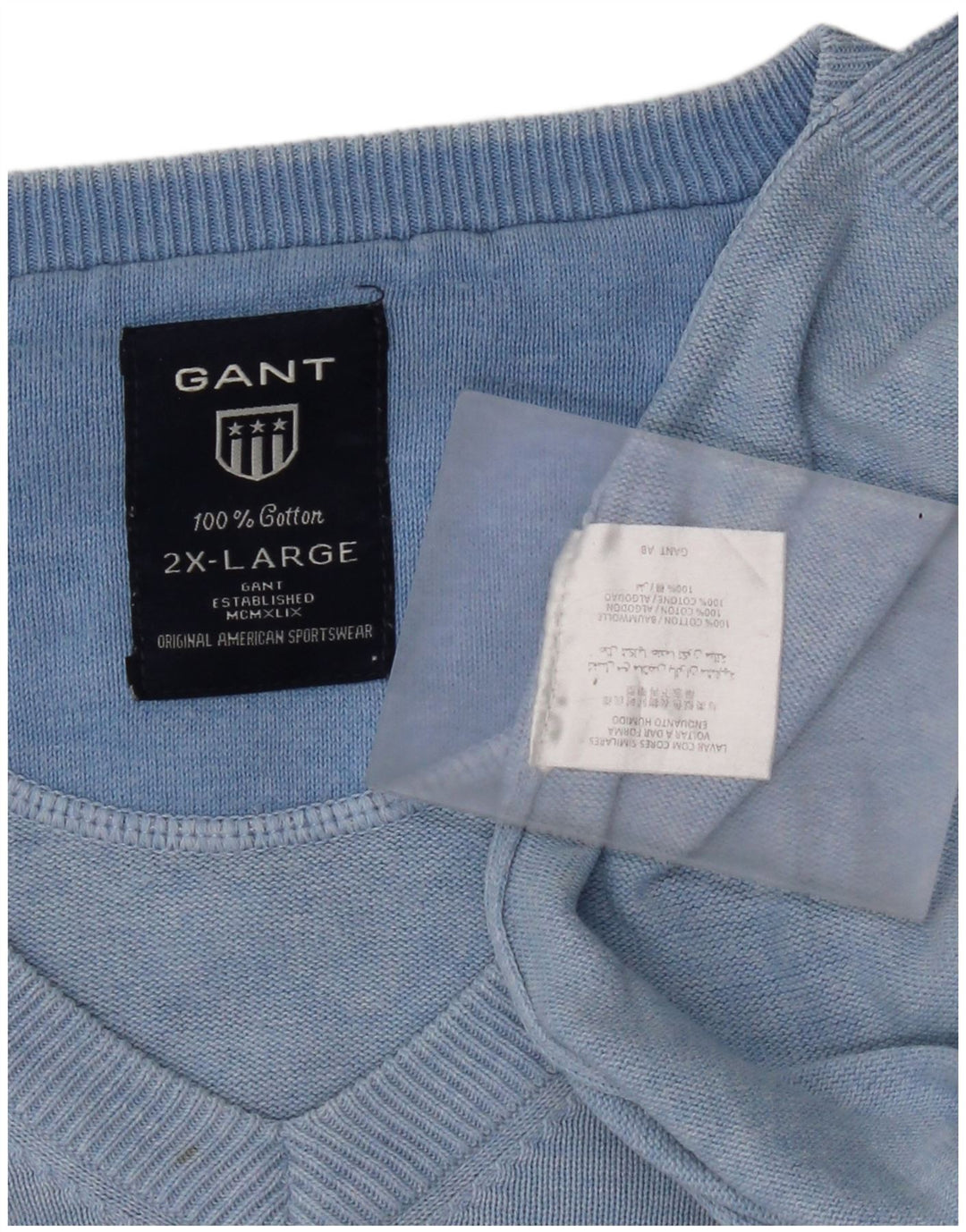Ανδρικό πουλόβερ Gant με V λαιμόκοψη 2XL Μπλε βαμβακερό