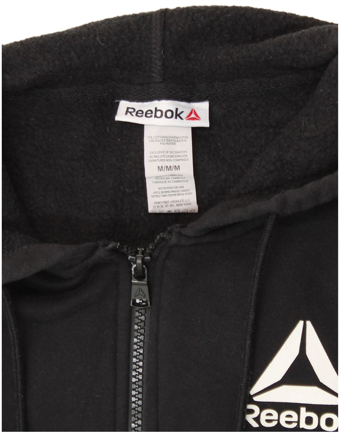 Γυναικείο πουλόβερ με κουκούλα REEBOK UK 14 μεσαίο μαύρο βαμβακερό