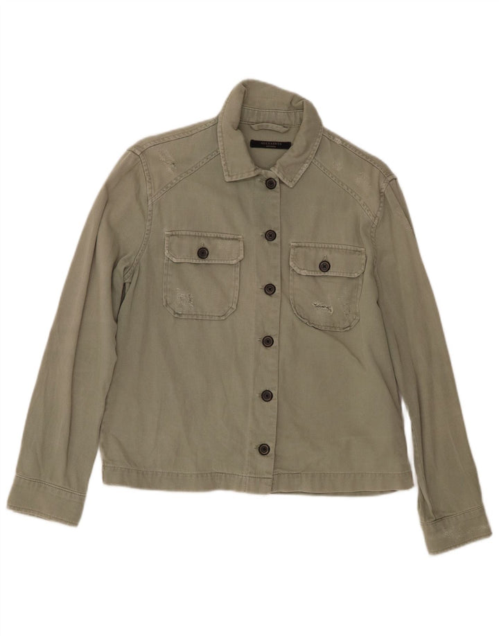All Saints Womens Distressed Bomber Jacket UK 14 Medium Khaki Chevron