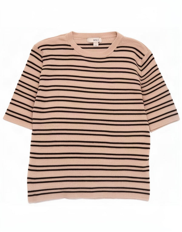 Marks & Spencer Γυναικείο T-Shirt Top UK 14 Μεγάλη μπεζ ριγέ βισκόζη