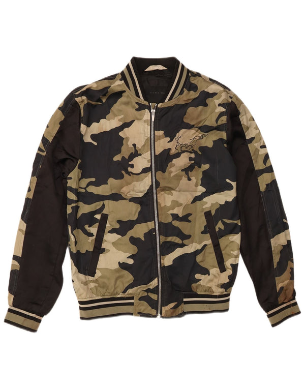 Zara Mens Graphic Bomber Jacket UK 38 Medium Khaki Camouflage Polyester
