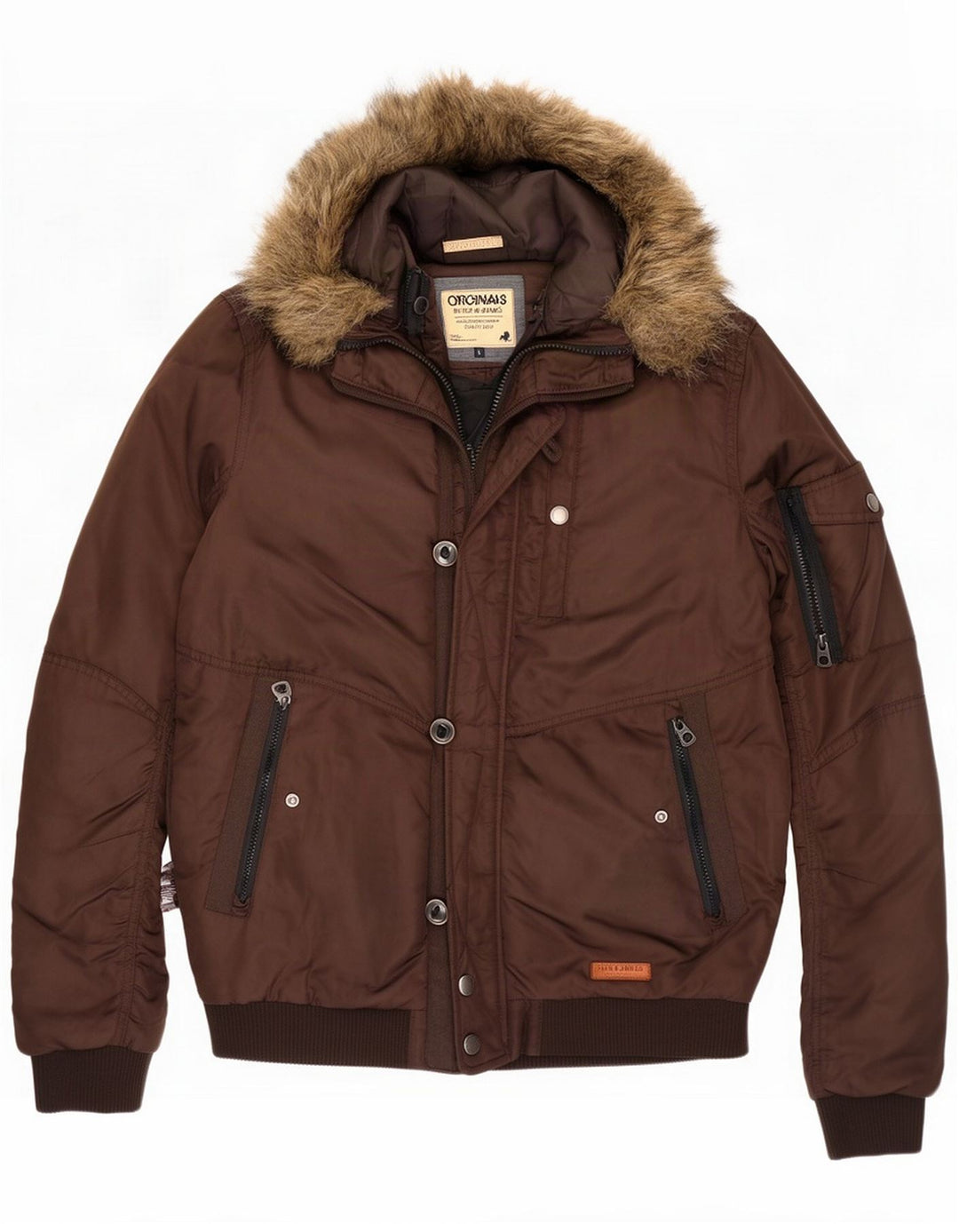 Jack & Jones Mens Hooded Bomber Jacket UK 40 Large Brown Polyester