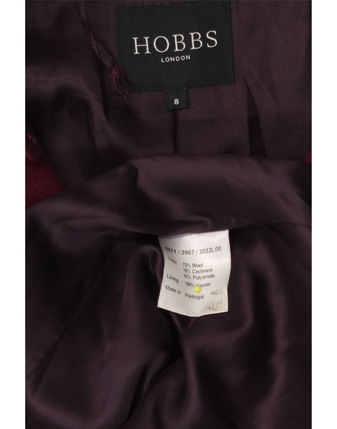 Hobbs Γυναικείο παλτό με διπλό στήθος UK 8 Small Purple Wool