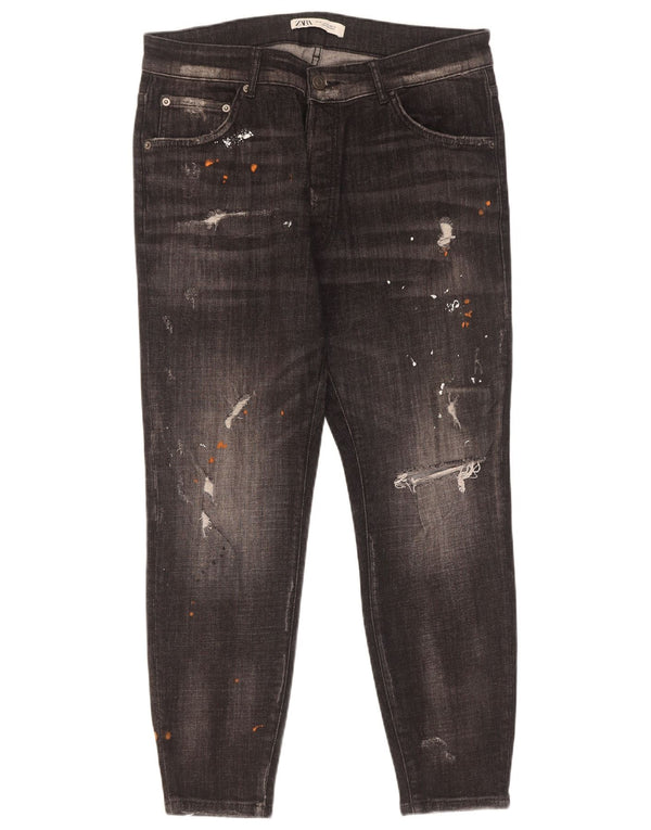 Zara Mens Distressed Slim Jeans EU 46 XL W36 L27 Black Tie Dye Cotton
