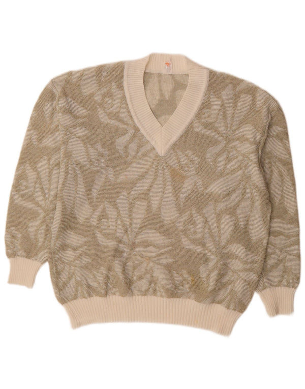 Vintage Womens V-Neck Jumper Sweater UK 16 Large Khaki Floral