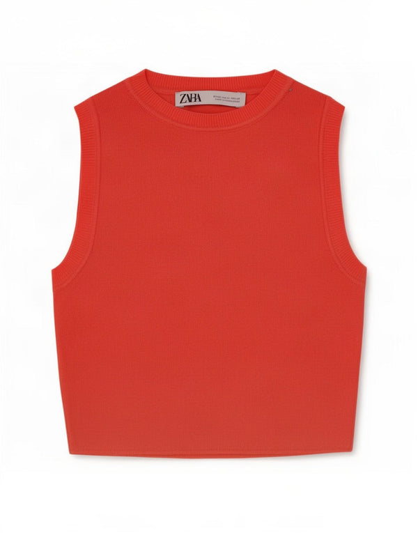 Zara Γυναικείο Crop Vest Top UK 12 Medium Red Viscose