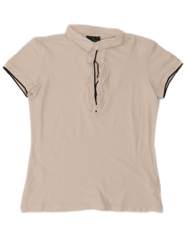 Fred Perry γυναικείο βολάν μπλουζάκι μπροστινό πόλο UK 10 μικρό λευκό βαμβακερό