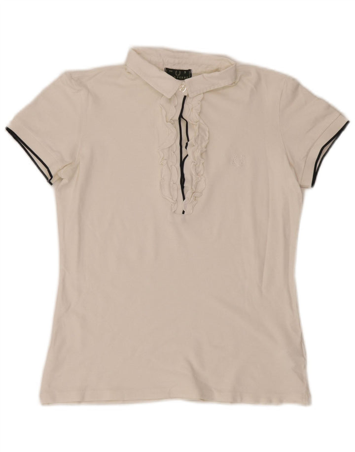 Fred Perry γυναικείο βολάν μπλουζάκι μπροστινό πόλο UK 10 μικρό λευκό βαμβακερό