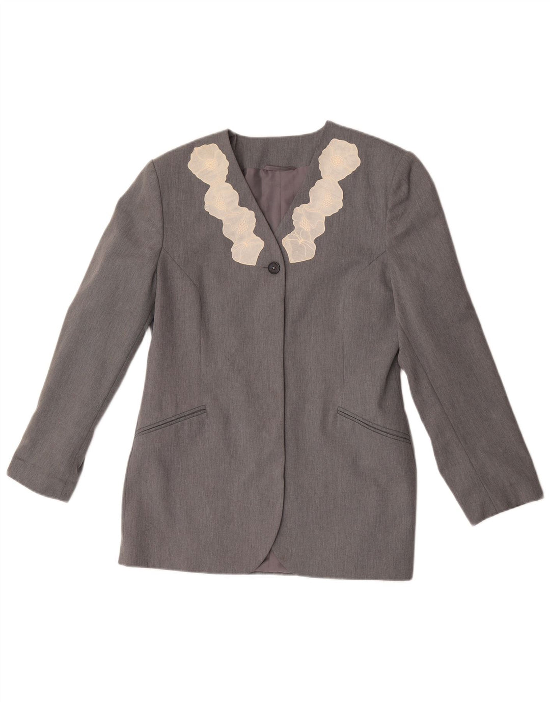 Vintage γυναικείο σακάκι 1 κουμπιού Blazer UK 12 Medium Grey Floral Polyester