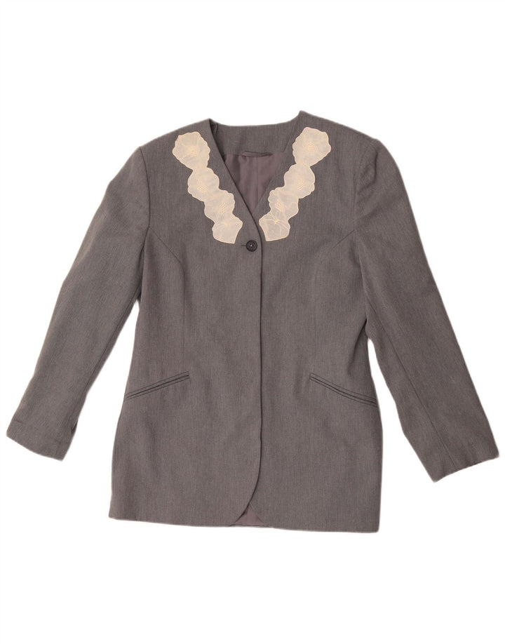 Vintage γυναικείο σακάκι 1 κουμπιού Blazer UK 12 Medium Grey Floral Polyester