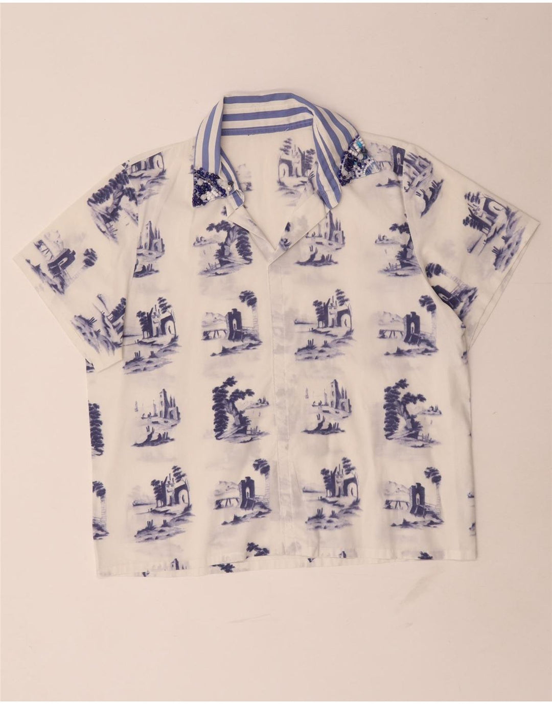 Vintage Γυναικεία Abstract Pattern Μπλούζα Top UK 16 Large White