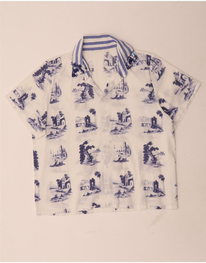 Vintage Γυναικεία Abstract Pattern Μπλούζα Top UK 16 Large White