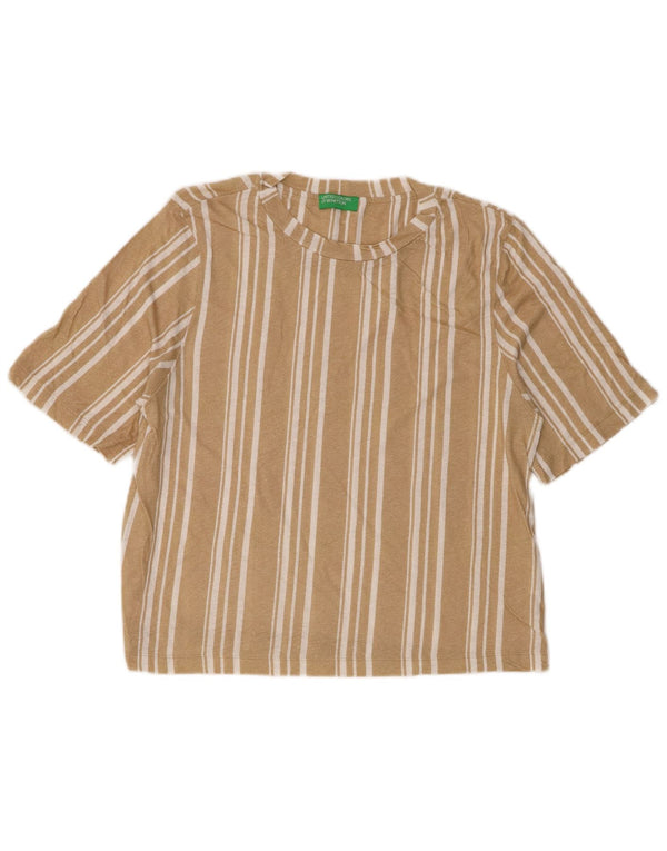 Γυναικείο μπλουζάκι Benetton Crop Top UK 14 μεσαίο μπεζ ριγέ βαμβακερό