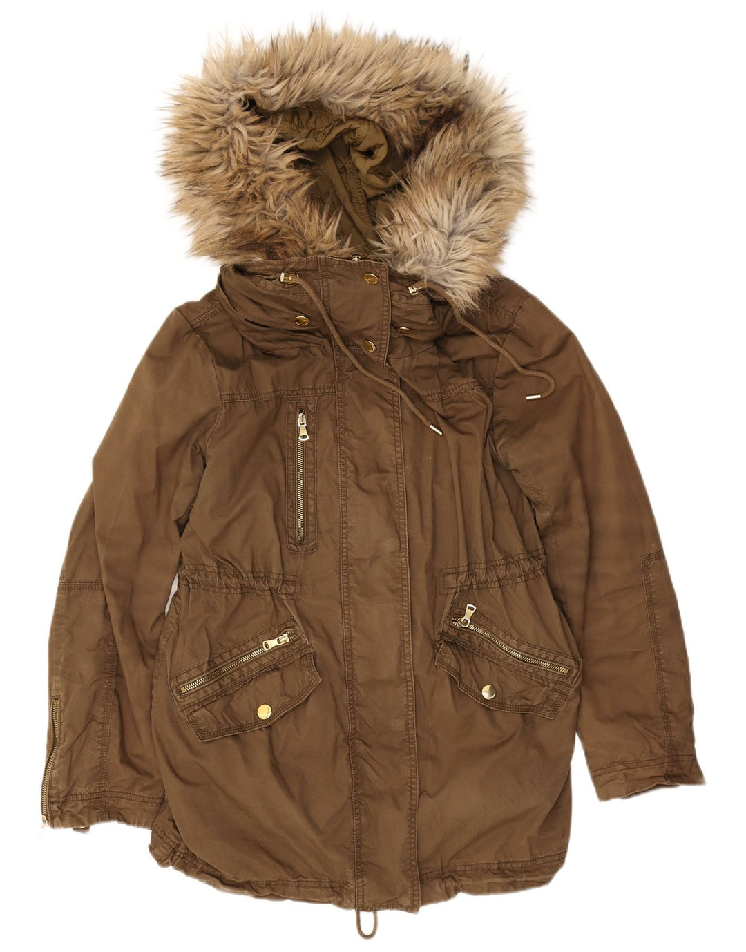 Zara Γυναικείο μπουφάν Parka με κουκούλα UK 14 Medium Khaki Polyester