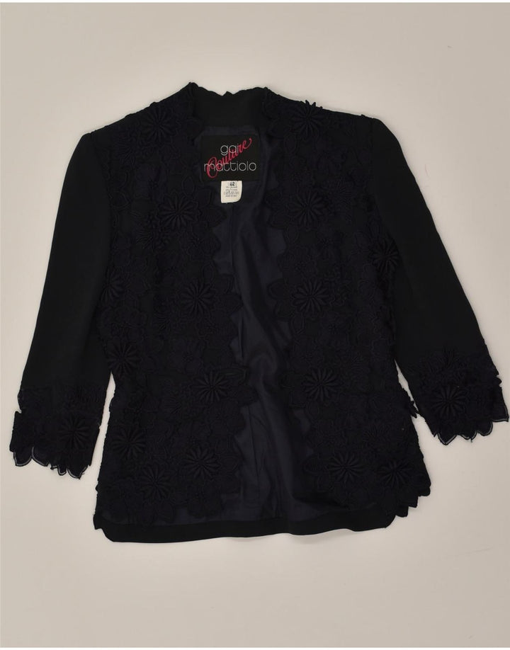 GAI MATTIOLO Womens 3/4 Sleeve Blazer Jacket IT 42 Medium Navy Blue Floral | Vintage Gai Mattiolo | Thrift | Second-Hand Gai Mattiolo | Used Clothing | Messina Hembry 