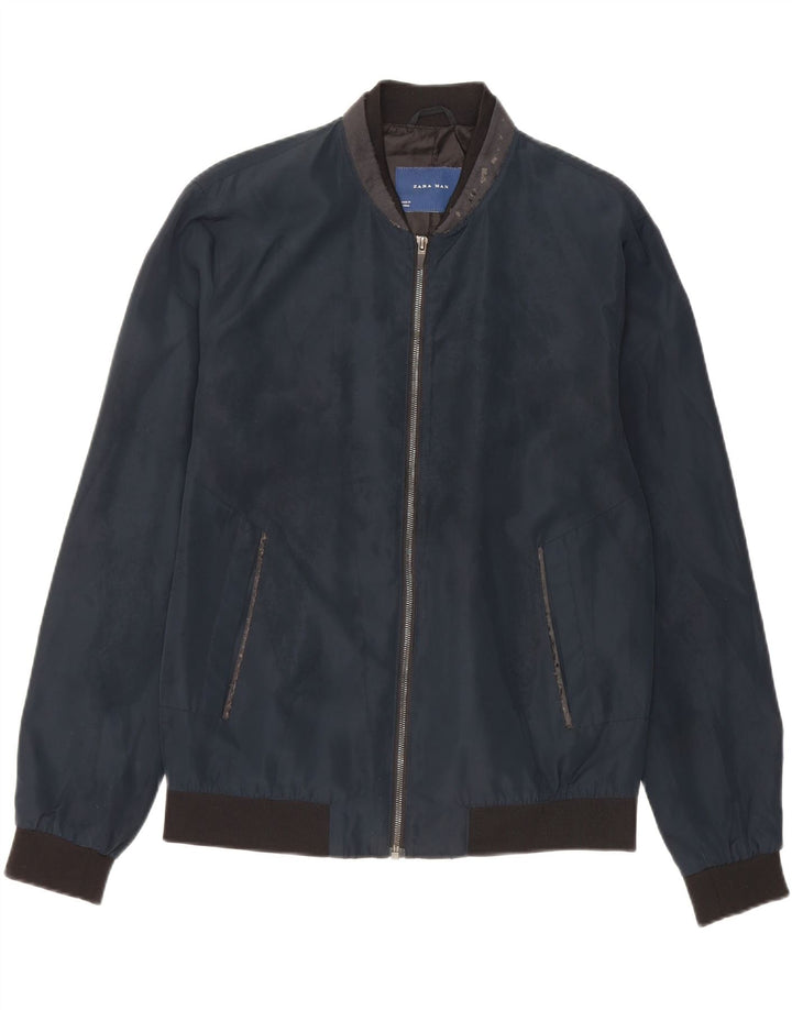 Zara Ανδρικό Bomber Jacket UK 40 Large Navy Blue Polyester