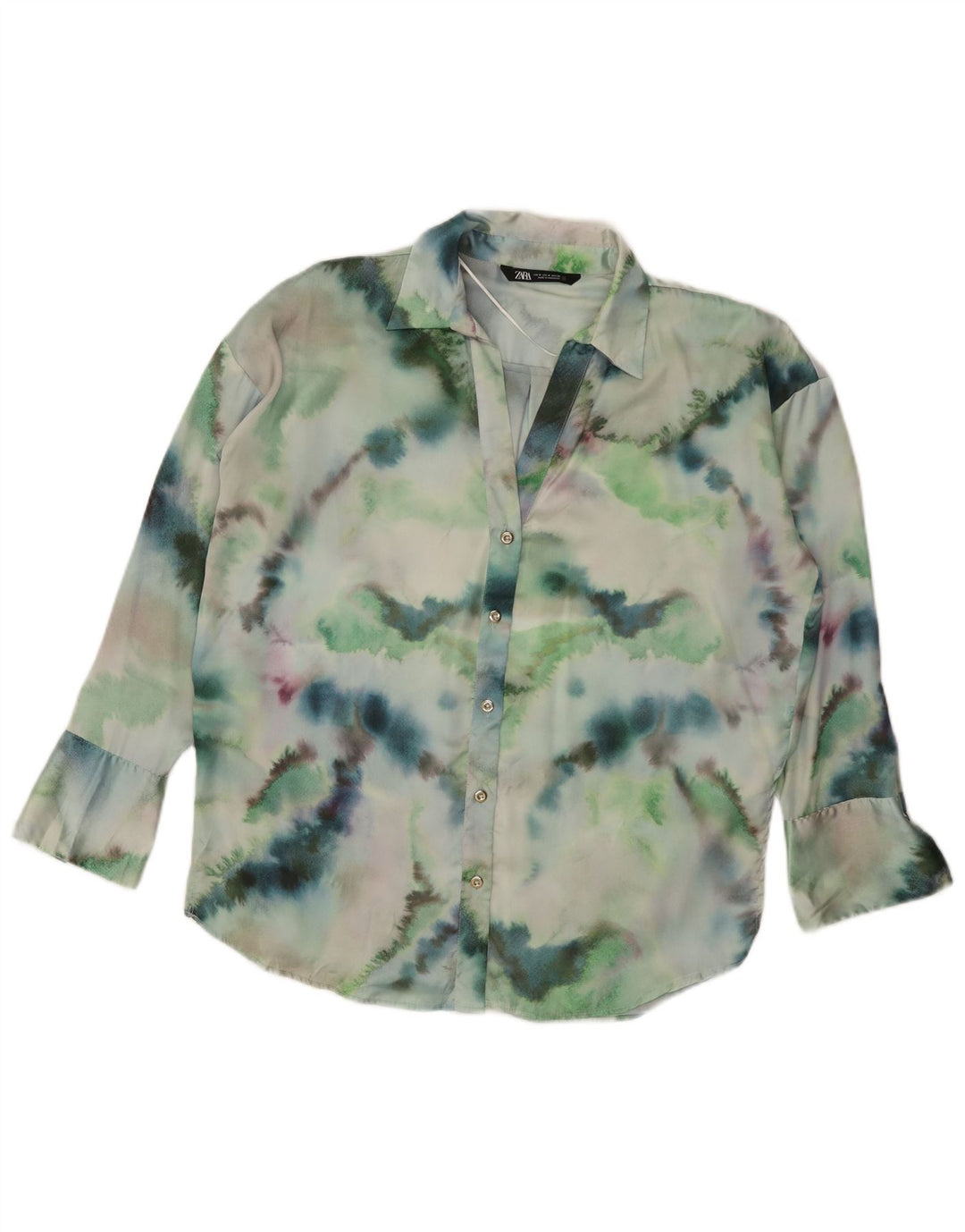 Zara Γυναικείο πουκάμισο Oversized Μπλούζα UK 14 Medium Green Tie Dye Polyester