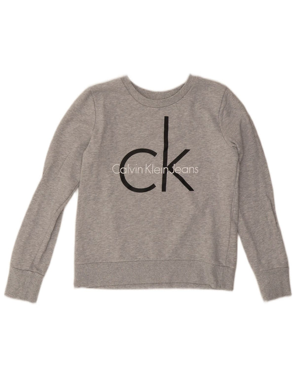 CALVIN KLEIN JEANS Γυναικείο Crop γραφικό φούτερ Jumper UK 10 Small Grey