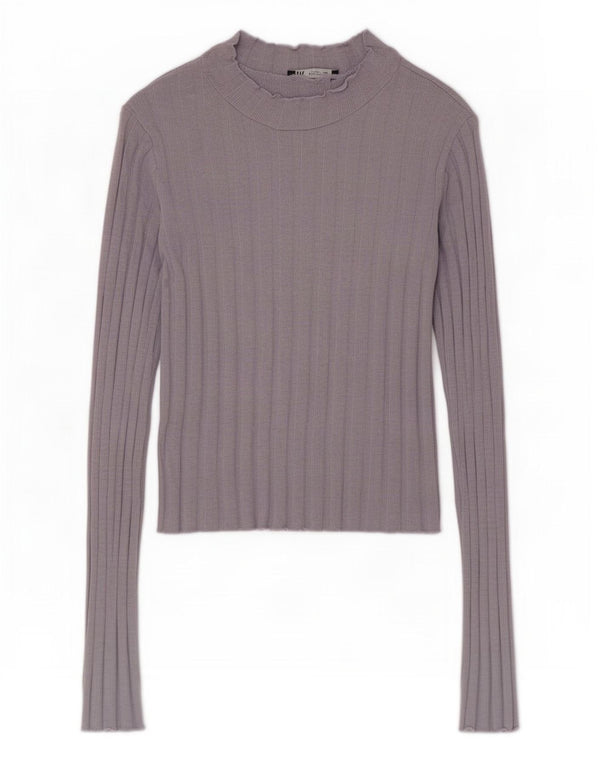 Zara Γυναικείο Crop Top Μακρυμάνικο UK 8 Small Navy Blue Cotton