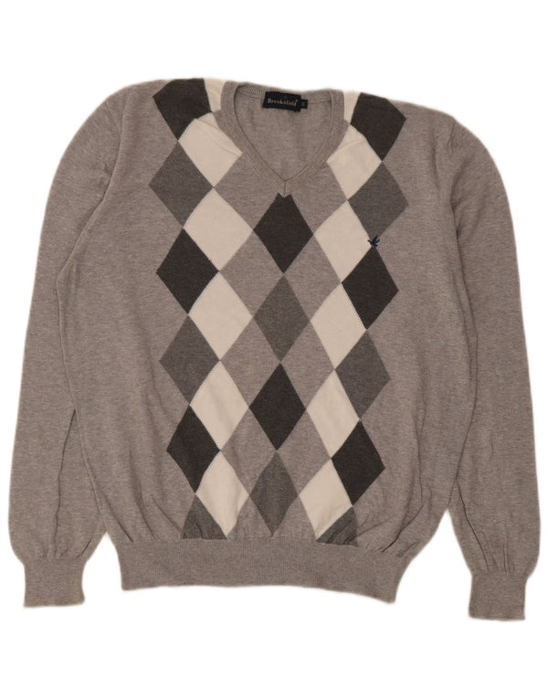 Ανδρικό πουλόβερ Brooksfield με V λαιμόκοψη IT 50 Medium Grey Argyle/Diamond