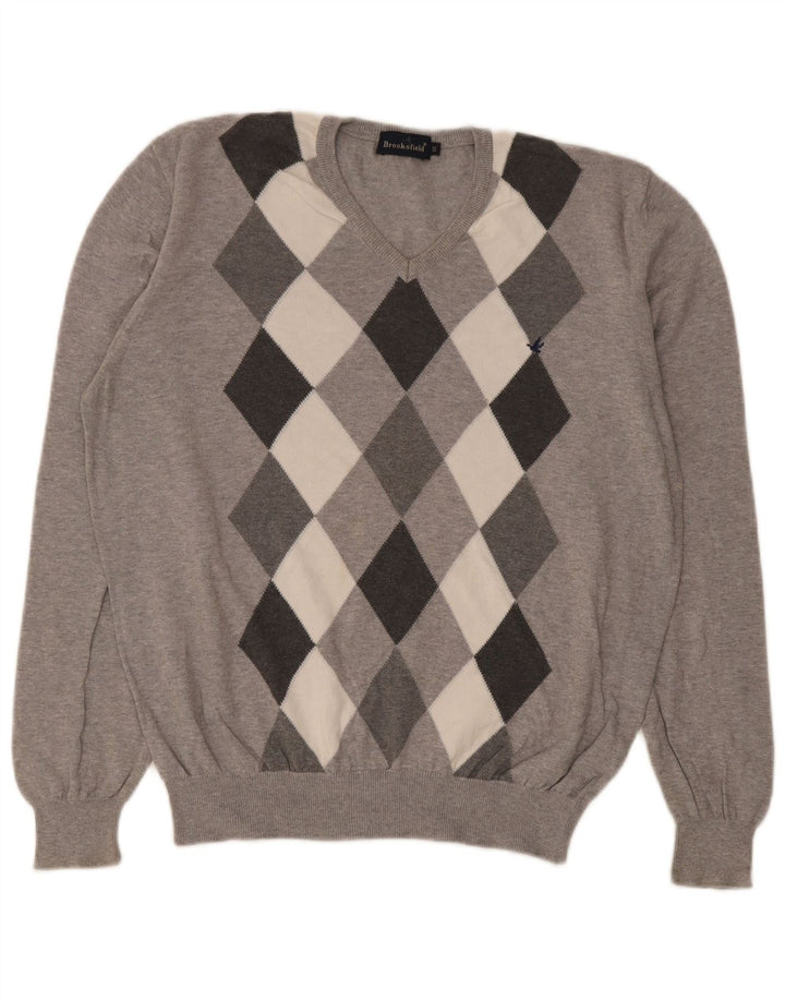 Ανδρικό πουλόβερ Brooksfield με V λαιμόκοψη IT 50 Medium Grey Argyle/Diamond