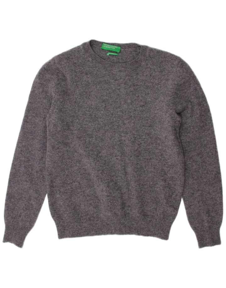 BENETTON Girls Crew Neck Jumper πουλόβερ 9-10 ετών Γκρι μαλλί Merino