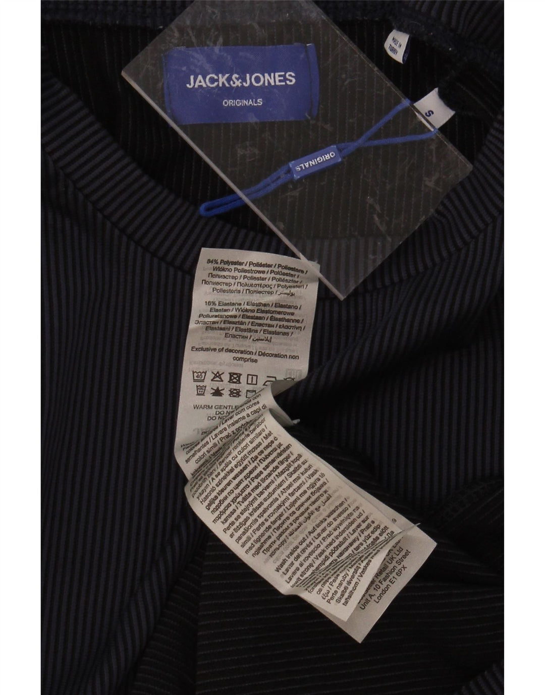 JACK & JONES Mens T-Shirt Top Small Navy Blue Pinstripe Polyester Vintage Jack & Jones and Second-Hand Jack & Jones from Messina Hembry 