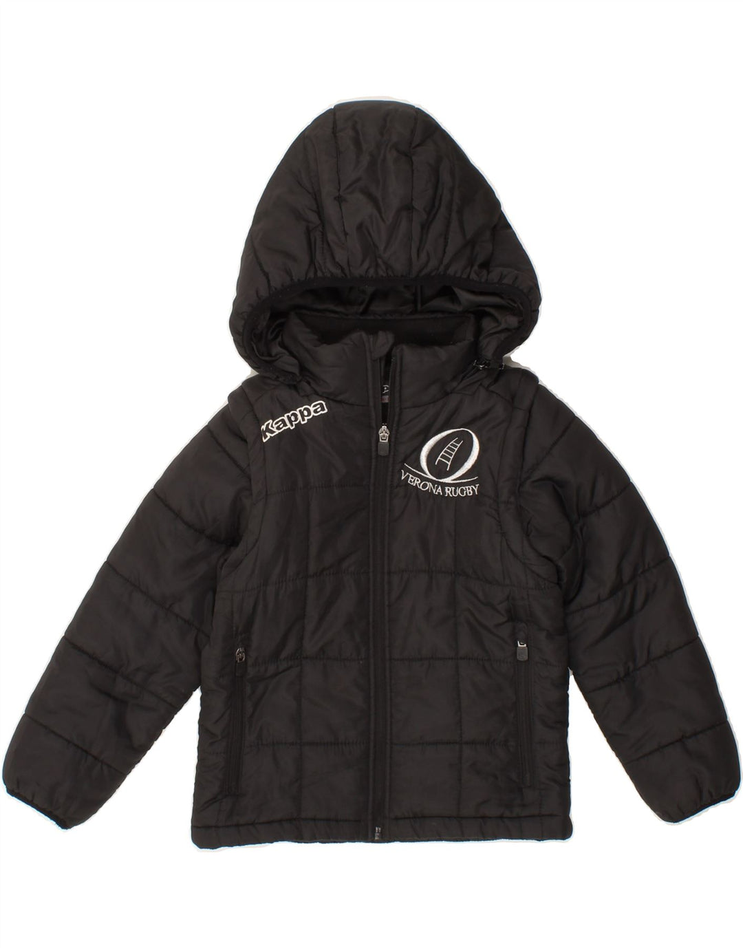 KAPPA Boys Graphic Hooded Padded Jacket 5-6 Years Black Polyester Vintage Kappa and Second-Hand Kappa from Messina Hembry 