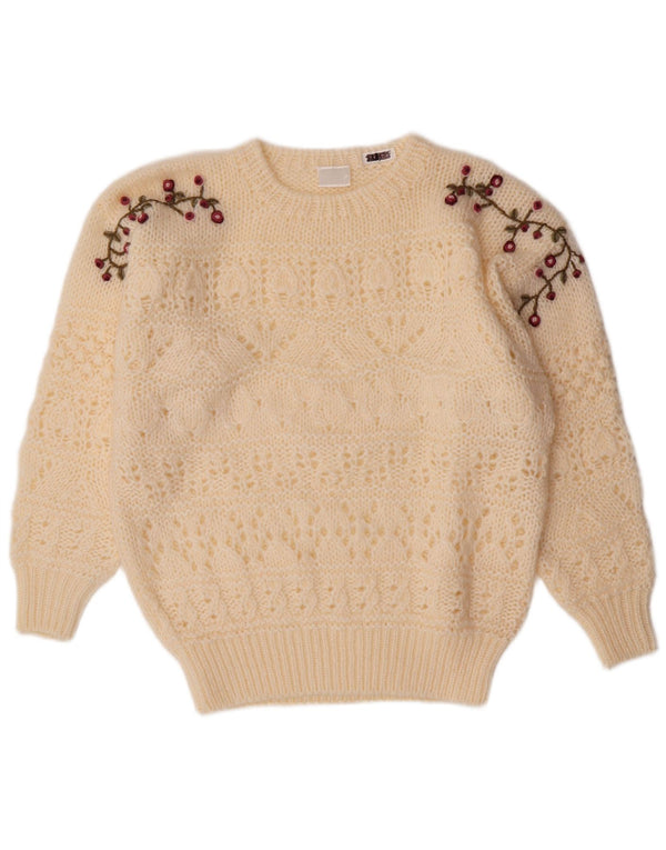 VINTAGE Γυναικείο πουλόβερ με λαιμόκοψη EU 44/46 XL Off White Floral