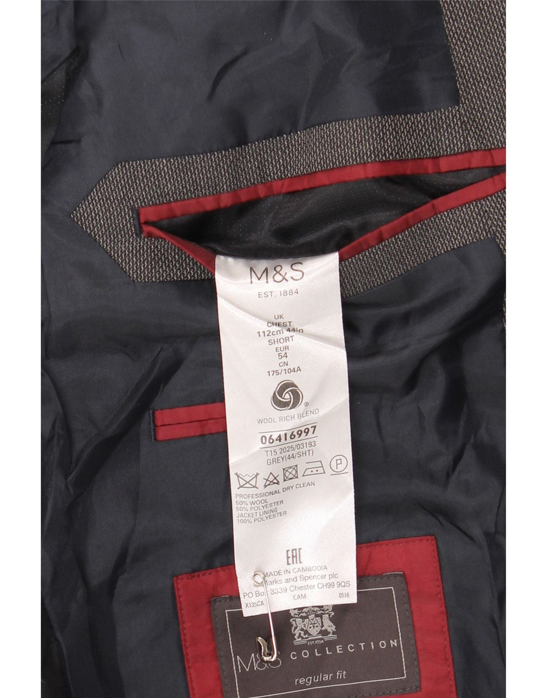 Marks & Spencer Ανδρικό κοντό σακάκι 2 κουμπιών UK 44 XL γκρι μαλλί