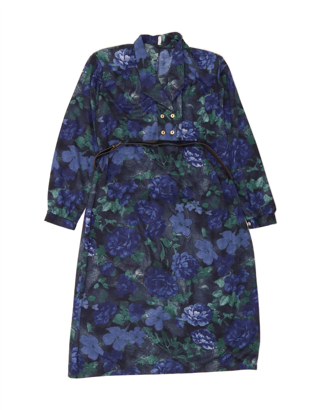 VINTAGE Womens Long Sleeve Basic Dress IT 46 Large Navy Blue Floral Wool Vintage Vintage and Second-Hand Vintage from Messina Hembry 
