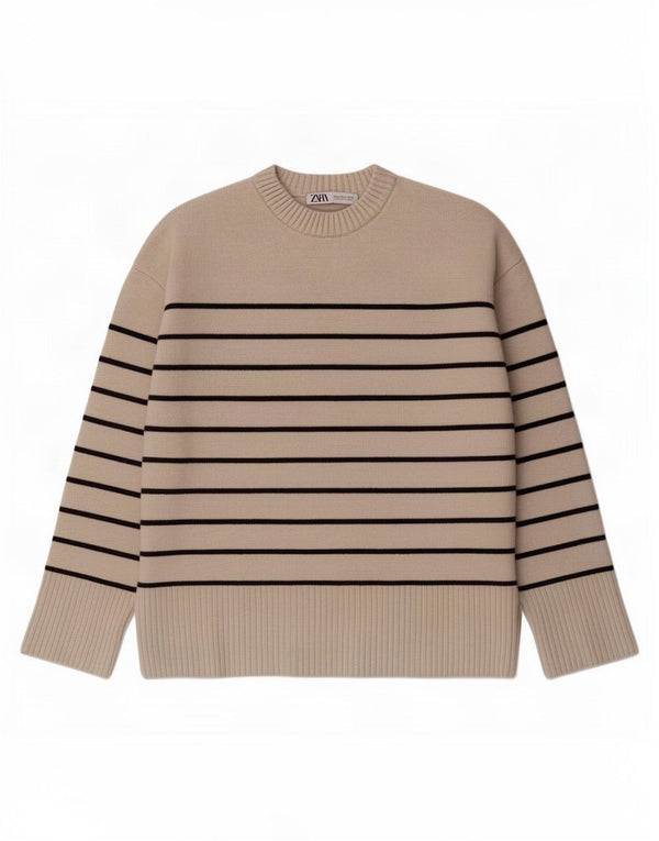 Zara γυναικείο πουλόβερ υπερμεγέθη Crew Neck Jumper UK 14 Medium Beige ριγέ