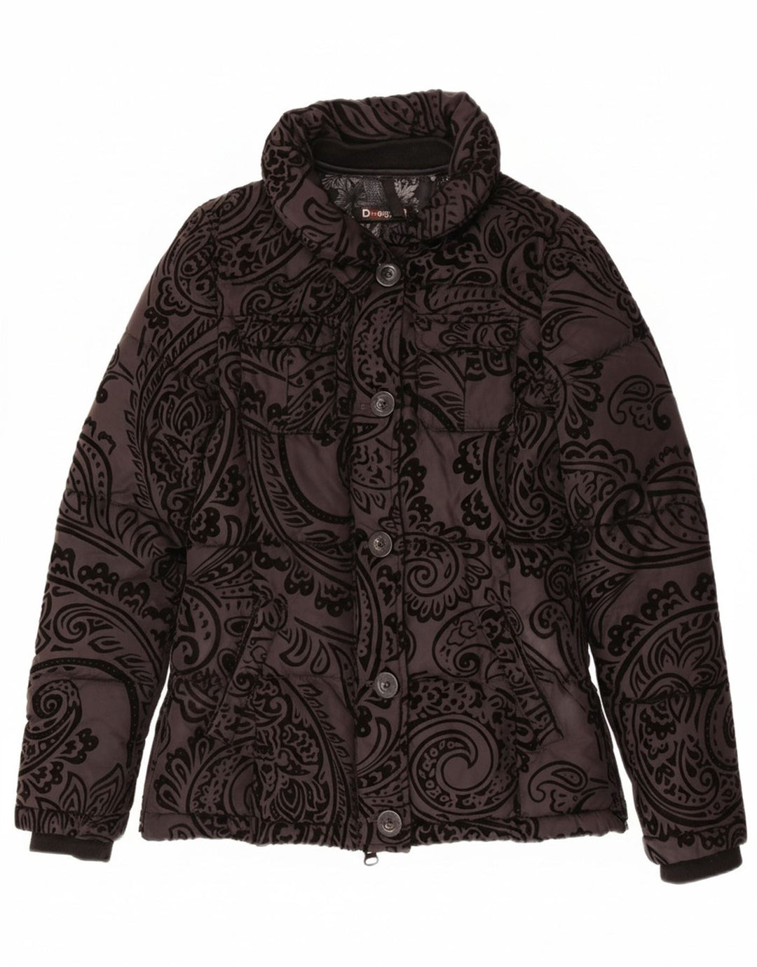 DESIGUAL Womens Padded Jacket EU 36 Small Black Paisley Polyester