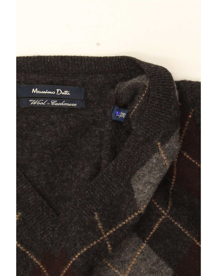 Ανδρικό πουλόβερ Massimo Dutti με V λαιμόκοψη, μεσαίο γκρι Argyle/Diamond Wool
