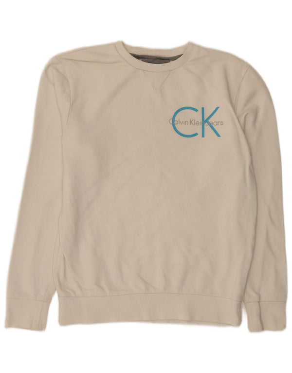 Calvin Klein Jeans Ανδρικό γραφικό φούτερ Jumper Μικρό λευκό βαμβακερό