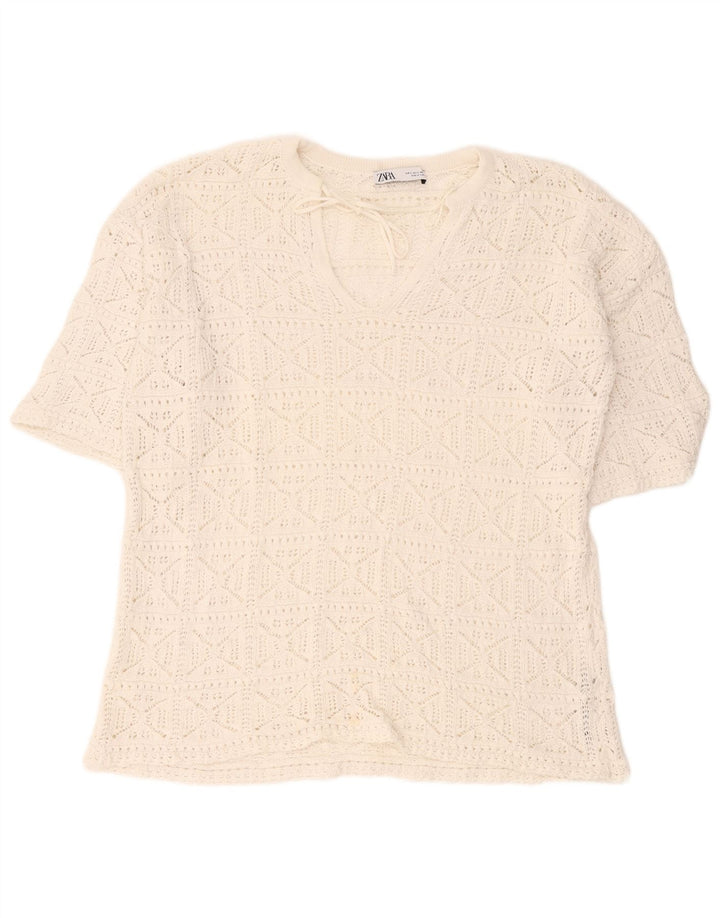 Zara Γυναικεία Μπλούζα με βελονάκι Oversized UK 10 Small White Cotton