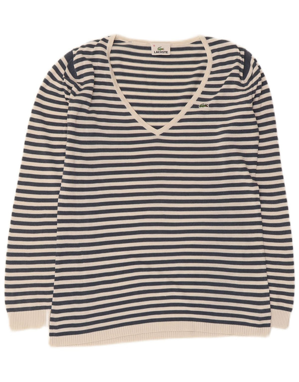 Lacoste Womens V-Neck Jumper Sweater Size 38 Medium Navy Blue Striped