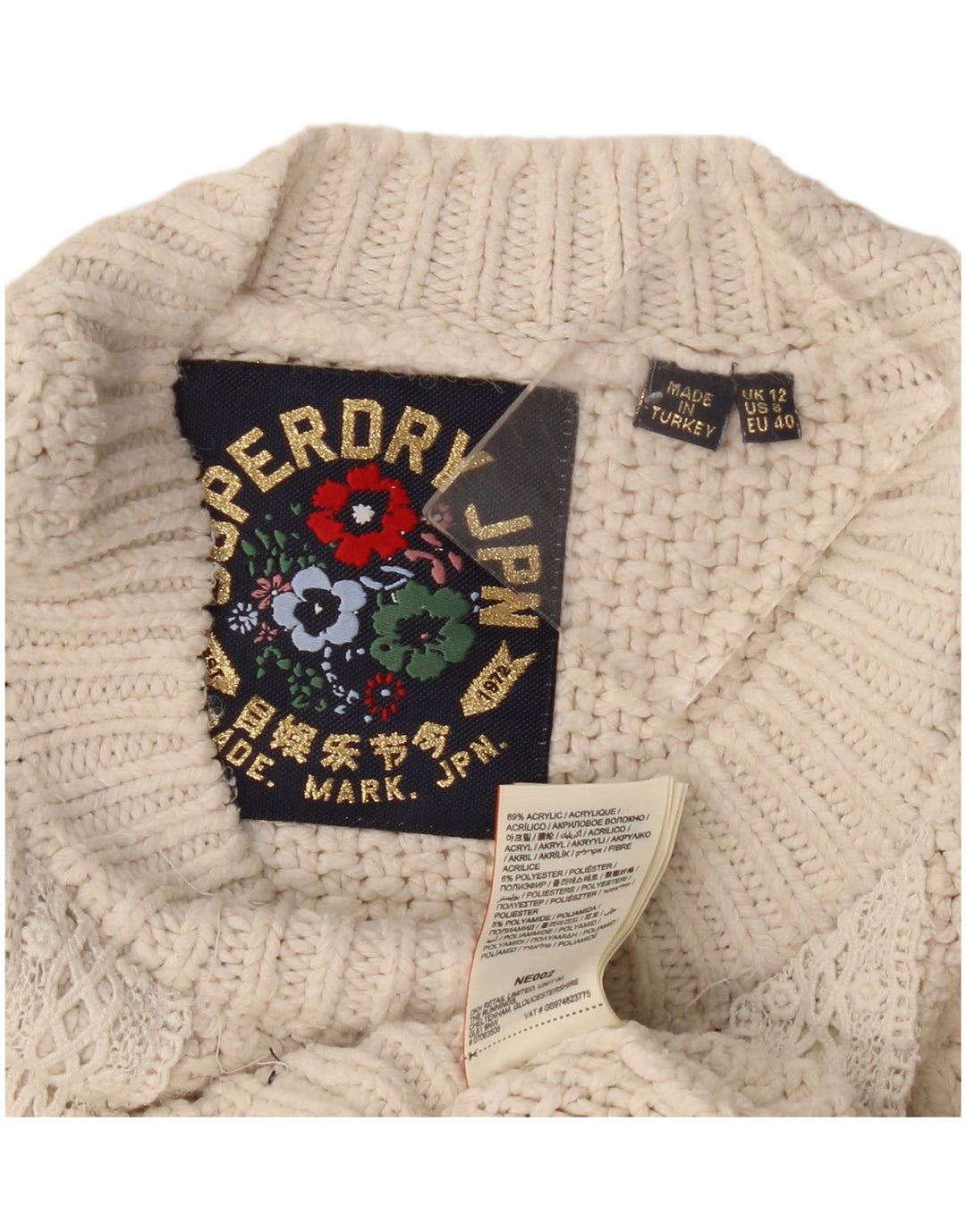 Superdry Γυναικείο πουλόβερ με λαιμόκοψη μεγάλου μεγέθους UK 12 Medium Off White
