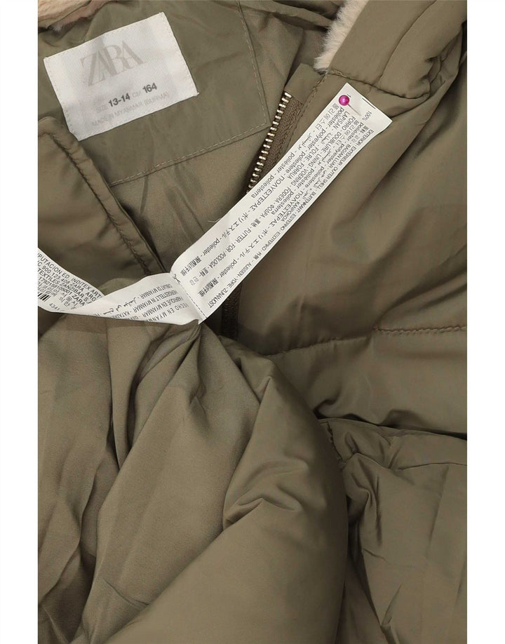Zara Girls Hooded Jacket 13-14 Years Green Polyester
