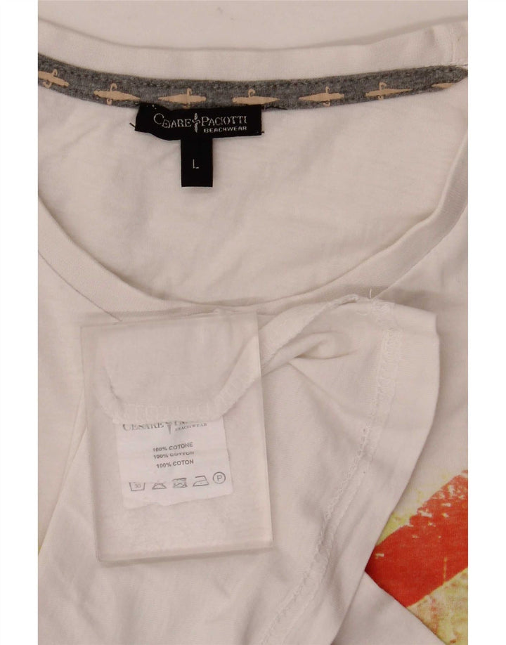 Cesare Paciotti Ανδρικό γραφικό T-Shirt Top μεγάλο λευκό βαμβακερό