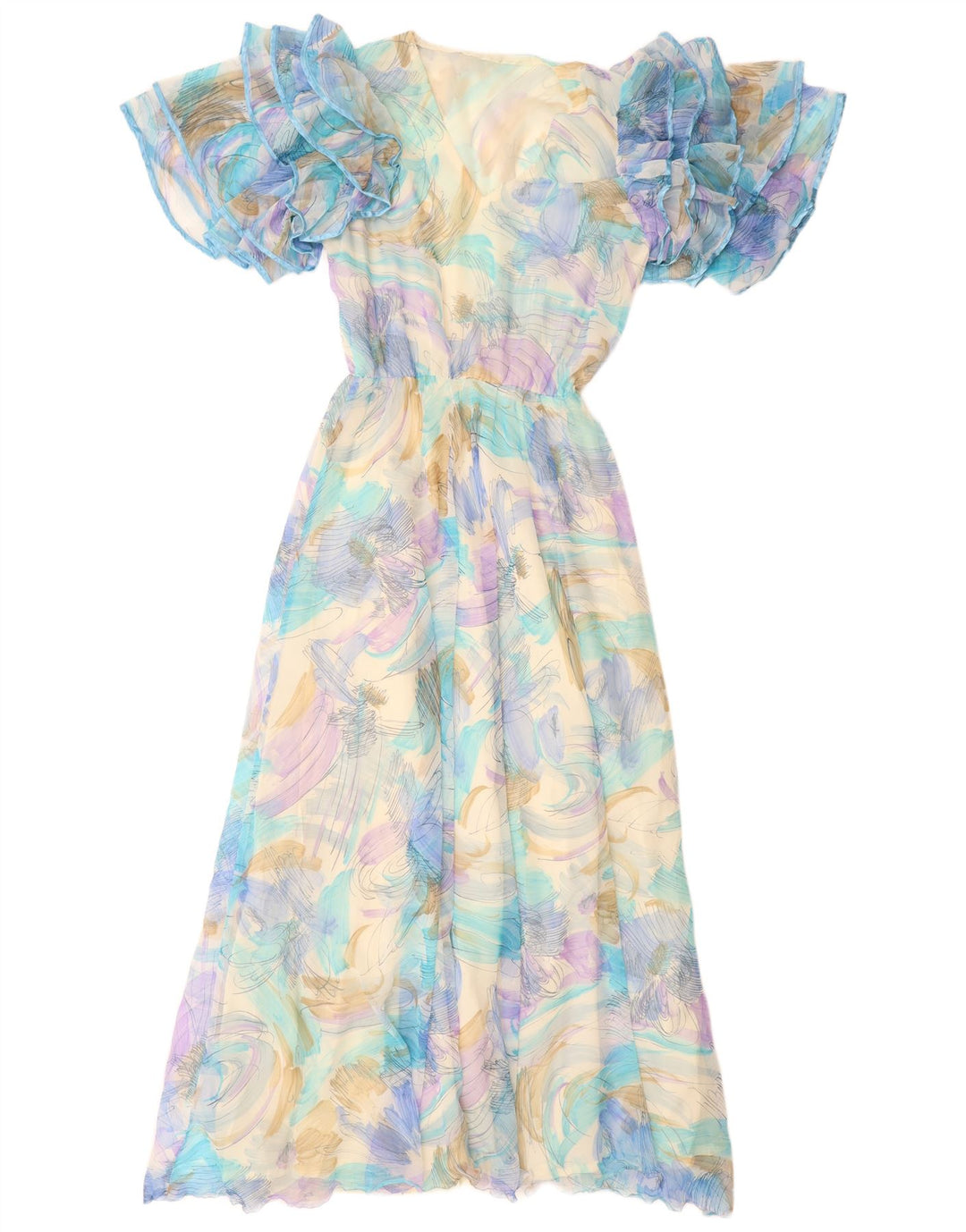 VINTAGE Γυναικείο μάξι φόρεμα με αφηρημένο σχέδιο UK 12 μεσαίο μπλε