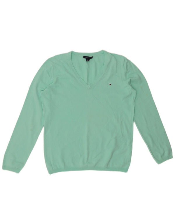 TOMMY HILFIGER Γυναικείο πουλόβερ με λαιμόκοψη με V λαιμόκοψη UK 14 μεγάλο τυρκουάζ βαμβακερό