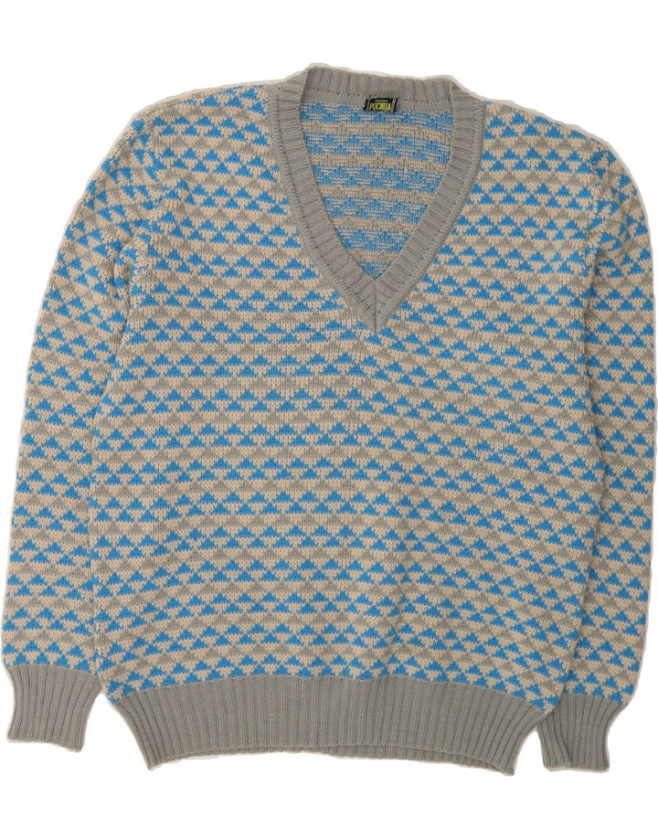 VINTAGE Mens V-Neck Jumper Sweater IT 52 Large Blue Geometric Vintage Vintage and Second-Hand Vintage from Messina Hembry 